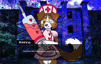 ambiguous_gender anthro clothing dress heterochromia intersex nurse_clothing solo stock_image syringe text changelingcritter rhys_(changelingcritter) border_collie canid canine canis collie domestic_dog herding_dog mammal pastoral_dog sheepdog 2026 chromatic_aberration english_text hi_res trans_(lore) trans_man_(lore)