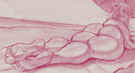 beach big_butt butt eyewear feet female hair lying nude on_front outside soles solo sunglasses tail eepytune hololive hololive_en vtuber gawr_gura animal_humanoid fish fish_humanoid humanoid marine marine_humanoid shark_humanoid tailed_humanoid absurd_res hi_res monochrome