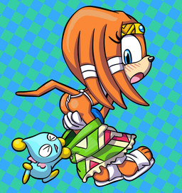 ambiguous_gender anthro asian_clothing assisted_exposure black_nose blue_body blue_bracelet blue_eyes blue_skin blush blush_lines bottomwear bracelet butt checkered checkered_background circlet clothing covering covering_self duo east_asian_clothing embarrassed eyelashes female footwear fundoshi gloves green_bottomwear green_clothing green_skirt handwear japanese_clothing jewelry leaning leaning_forward open_mouth orange_tail pantsing pattern_background pink_wings rear_view sandals shocked shoes simple_background skirt surprised tail tan_body tan_skin topwear underwear white_clothing white_footwear white_gloves white_handwear white_sandals white_topwear wings yellow_body yellow_skin bisonvega sega sonic_adventure sonic_the_hedgehog_(series) tikal_the_echidna chao_(sonic) echidna mammal monotreme 2025