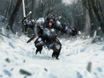 action_pose ambiguous_gender armor attacking_viewer barefoot biped black_body black_fur breastplate fangs feet feral fur holding_melee_weapon holding_object holding_sword holding_weapon looking_at_viewer melee_weapon open_mouth plant pose scabbard sky snow solo sword teeth tree weapon yelling ben_wootten hasbro magic:_the_gathering wizards_of_the_coast ape gorilla haplorhine mammal primate 2017 4:3 official_art