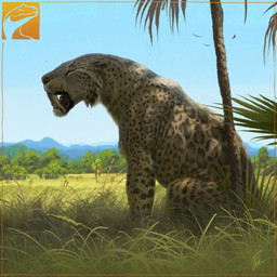 ambiguous_feral ambiguous_gender blue_sky day fangs feral fur grass leaf light logo markings open_mouth outside patterned_fur plant realistic_feral sabertooth_(anatomy) shadow sitting sky solo spots spotted_body spotted_fur sunlight tan_body tan_fur teeth tree whisker_spots fredthedinosaurman ambient_bird felid mammal prehistoric_species saber-toothed_tiger smilodon 1:1 2022 artist_logo colored detailed digital_media_(artwork) digital_painting_(artwork) hi_res painting_(artwork) shaded