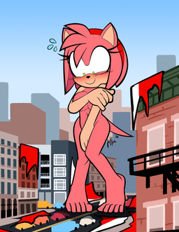 5_toes accessory anthro blush bodily_fluids breasts building car city clothing covering covering_breasts covering_crotch covering_self embarrassed feet female fur green_eyes growth hair_accessory hairband humanoid_feet macro nude pink_body pink_fur plantigrade road solo sweat sweatdrop toes torn_clothing vehicle wardrobe_malfunction lettuce_(artist) sega sonic_the_hedgehog_(series) amy_rose eulipotyphlan hedgehog mammal 2025 absurd_res hi_res