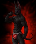 abs abstract_background anthro athletic biceps big_muscles biped black_body black_fur black_nose bulge clothed clothing ear_piercing fangs flexing fur jockstrap looking_at_viewer male muscular muscular_anthro muscular_male pecs piercing pose purple_eyes red_background simple_background solo standing tail tattoo teeth topless underwear vallhound korath canid canine canis jackal mammal 2013 digital_media_(artwork) hi_res portrait three-quarter_portrait