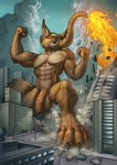 abs anthro destruction fire foreskin genitals macro male muscular pecs penis solo trunk conditional_dnp inert-ren canid canine canis elephant elephantid hybrid mammal proboscidean wolf