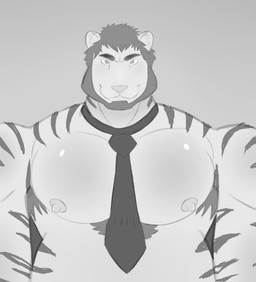 aged_up anthro armpit_hair barazoku beard biceps big_muscles big_pecs body_hair erect_nipples eyebrows facial_hair front_view fur fur_tuft hair happy looking_at_viewer male monochrome_body mouth_closed muscular nipples pecs pecs_focus simple_background small_head smile solo stare stripes tie_only tiny_head tuft mouselect felid mammal pantherine tiger absurd_res digital_drawing_(artwork) digital_media_(artwork) digital_painting_(artwork) hi_res monochrome painting_(artwork)