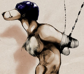 2_missing_limbs amputee anthro bandaged_stump bdsm bit_gag blindfold bondage bound chain chest_tuft cuff_(restraint) disability fur gag gagged male missing_all_arms restraints shackles solo submissive submissive_male tuft hellodoctor canid canine canis domestic_dog mammal