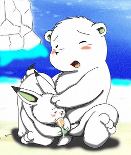 anthro blush bodily_fluids cum genital_fluids genitals male open_mouth oral penis shota size_difference young young_anthro young_male unknown_artist the_little_polar_bear lars_(tlpb) lena_(tlpb) arctic_hare bear hare lagomorph leporid mammal polar_bear ursine