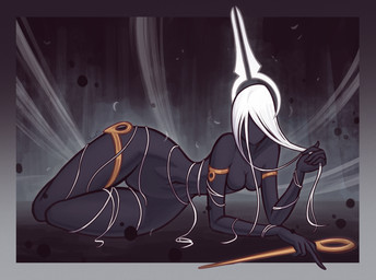 armlet black_body breasts female hair halo holding_hair jewelry long_hair looking_at_viewer lying navel nude on_side silk slim small_breasts solo suggestive_pose thighlet touching_hair weapon younit13 hollow_knight:_silksong hollow_knight_(franchise) team_cherry grand_mother_silk humanoid hi_res