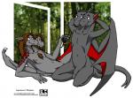 2_heads anthro detailed_background duo flaccid forest genitals horn jewelry kneeling male medallion multi_head necklace penis plant reclining tail tree wings arakaraath mythology segremores dragon mythological_creature mythological_scalie scalie