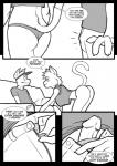 anthro bent_over black_and_white breasts canid canine clothed clothing comic dialogue duo english_text erection felid female genitals male mammal monochrome penis sitting skimpy smile text underwear wonderduck