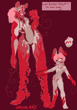 5_fingers ambiguous_gender anthro arms_outstretched blood blood_drip blood_splatter bodily_fluids dripping duo eyelashes fingers grey_body hair multi_eye multicolored_body navel one_eye_obstructed pink_eyes pink_hair red_eyelashes simple_background splatter standing teeth tendrils just_dryvern lagomorph leporid mammal monster rabbit absurd_res digital_media_(artwork) hi_res sketch