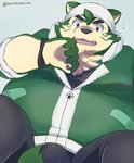 anthro black_nose bodily_fluids bulge clothing fur green_body green_fur humanoid_hands kemono male overweight overweight_anthro overweight_male shirt solo sweat topwear neocerapaima lifewonders live_a_hero mokdai canid canine canis domestic_dog mammal 2020 hi_res