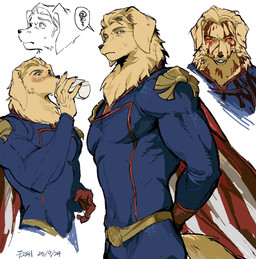 alternate_species anthro beverage black_nose blood bodily_fluids cape clothing drinking floppy_ears fur furrification kemono looking_at_viewer male muscular muscular_anthro muscular_male simple_background solo superhero superhero_costume tan_body tan_fur white_background fish7163 the_boys_(series) homelander_(the_boys) bird_dog canid canine canis domestic_dog golden_retriever hunting_dog mammal retriever hi_res signature