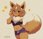 2021 anthro anthrofied black_eyebrows bottomwear breasts brown_body brown_fur brown_hair brown_inner_ear brown_tail clothed clothing crop_top digital_media_(artwork) dolphin_shorts eevee eyebrows female fluffy fluffy_tail fully_clothed fur generation_1_pokemon hair hand_on_cheek hand_on_leg hi_res inner_ear_fluff looking_at_viewer midriff navel neck_tuft nintendo pawpads paws pokemon pokemon_(species) pokemorph shaded shirt shorts simple_background small_breasts solo star star_symbol stars_around_body stars_around_head tail thick_thighs topwear tuft two_tone_tail waspsalad white_tail white_tuft
