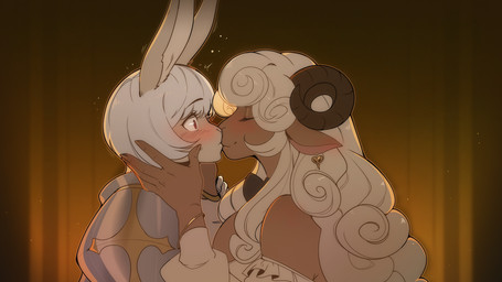 anthro armor blonde_hair blush bob_cut bow_ribbon bracelet clothing cross curly_hair dungeons_&_furries duo ear_piercing eyes_closed female female_anthro furlough_artist hair hand_on_head holding_head jewelry kiss_on_lips kissing long_ears long_hair male male/female piercing red_eyes rounded_horn ruffle_shirt sheep_ears simple_background steel surprise_kiss surprised tan_body tan_clothing tan_skin tan_topwear topwear white_hair yellow_background thren dungeons_and_furries furlough_games anna_(furlough_games) eirian_(furlough_games) bovid caprine hare lagomorph leporid mammal sheep 16:9 hi_res widescreen