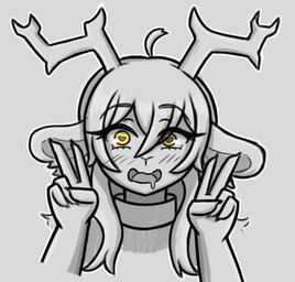ambiguous_gender anthro antlers arm_tuft bodily_fluids collar drooling gesture hand_gesture heart_eyes heart_symbol horn inner_ear_fluff saliva shoulder_tuft solo tuft v_sign mara_the_ravenous vallistar_(kreep.gay) bovid caprine goat mammal bust_portrait portrait sketch