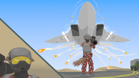 action_scene aircraft airplane ambiguous_gender anthro armor backpack belt body_armor boots bottomwear brown_body brown_fur bulletproof_vest camo camo_bottomwear camo_clothing camo_pants camo_print camo_shirt camo_topwear cargo_container close-up clothed clothing cutaway day desert detailed_background ears_back electronics eyewear faceless_character fatigues flare_(object) flying footwear fur goggles green_eyes grey_helmet headgear headphones headset helmet jet looking_up looking_up_at_object manpads mask military missile pants pattern_bottomwear pattern_clothing pattern_pants pattern_shirt pattern_topwear pivoted_ears ranged_weapon rear_view red_camo road rocket_launcher scared shirt shoes smoke smoke_trail soldier solo standing surprised tail topwear truck vehicle war warrior weapon anunscrupulousferret vtol_vr canid canine mammal 16:9 2026 colored digital_media_(artwork) hi_res widescreen male_(lore)