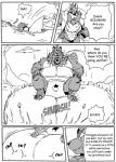 anthro balls big_balls bottomwear bulge canid canine canis clothing comic dialogue digital_drawing_(artwork) digital_media_(artwork) english_text felid femboy genitals greyscale group hi_res hoshi_(a_side) huge_balls hyper hyper_balls hyper_genitalia jockstrap lion loincloth magic magic_user male male/male mammal monochrome muscular pantherine raccoon_dog reagan700 slightly_chubby tanuki text underwear wolf