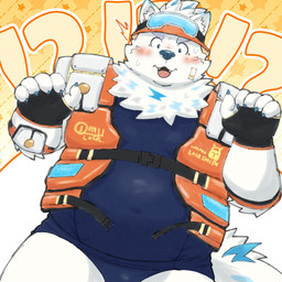 anthro belly blush bulge clothing embarrassed fingerless_gloves fur gloves handwear hat headgear headwear kemono life_jacket male navel_outline one-piece_swimsuit overweight school_swimsuit solo swimwear visor_cap white_body white_fur yaki_atsuage lifewonders live_a_hero yohack canid canine canis domestic_dog mammal nordic_sled_dog samoyed spitz 1:1 hi_res