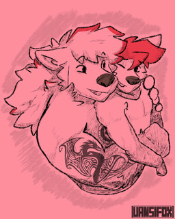 anthro duo hair hug male male/male muscular pink_background red_hair simple_background size_difference tattoo vansifoxarts mythology dylan_whiteskill_(thatwereboy) vansifox_(vansifoxarts) canid canine canis fennec_fox fox mammal mythological_canine mythological_creature true_fox werecanid werecanine werecreature werewolf wolf absurd_res flat_colors hi_res sketch
