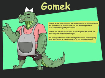 anthro apron bottomwear clothing gold_(metal) gold_tooth green_body hat headgear headwear male shirt shorts solo spatula text tools topwear tibbs gomek_(tibbs) crocodile crocodilian reptile scalie english_text hi_res model_sheet