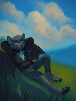 anthro bell bell_collar black_claws black_clothing black_collar black_hoodie black_topwear blue_bottomwear blue_clothing blue_eyes blue_pants bottomwear claws clothed clothing cloud collar day fur grass green_eyes grey_body grey_fur grey_tail heterochromia hoodie looking_up male male_anthro membrane_(anatomy) membranous_wings mouth_closed outside pants plant reclining solo tail topwear wings mylafox bat mammal 2025 3:4 dated hi_res signature