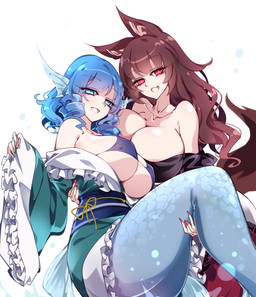 asian_clothing big_breasts bikini bikini_top blue_eyes blue_fingernails blue_hair blue_nails breasts bridal_carry brown_hair carrying_another clothing colored_nails duo ear_fins east_asian_clothing female fin fingernails green_clothing green_kimono hair japanese_clothing kimono long_fingernails looking_at_viewer nails nipple_outline open_mouth red_eyes red_fingernails red_nails simple_background split_form swimwear two-piece_swimsuit white_background raptor7 touhou kagerou_imaizumi wakasagihime animal_humanoid aquatic canid canid_humanoid canine canine_humanoid humanoid mammal mammal_humanoid merfolk wolf_humanoid absurd_res hi_res