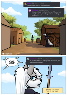 anthro armor axe barrel blue_eyes border building clothed clothed_anthro clothed_female clothing dark_clothing detailed_background dialogue fantasy female fur grey_body grey_fur hair long_hair looking_at_another looking_back melee_weapon outside plant polearm robe running spear speech_bubble text tree weapon white_body white_border white_fur white_hair thecumrat sylvia_(thecumrat) tasmin canid canine fox mammal absurd_res comic english_text hi_res story