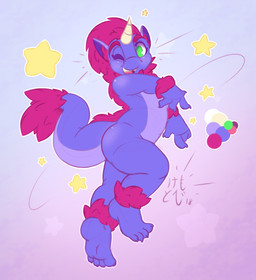 anthro barefoot casual_nudity color_swatch eyebrows eyelashes feet fur green_eyes happy horn male nude one_eye_closed plantigrade simple_background smile solo star teeth tongue kemotobi mythology bubblegum_(kemotobi) hybrid 2018 hi_res model_sheet