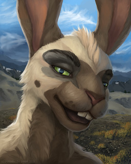 anthro brown_body brown_fur fur green_eyes male mountain_range nature solo gloveboxofdoom hare lagomorph leporid mammal rabbit 4:5 bust_portrait hi_res portrait