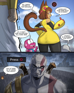 2_panel_comic accessory anthro beard biped bodily_fluids brown_body brown_fur brown_hair button_prompt circle_button clothed clothed_anthro clothed_female clothing detailed_background dialogue eyewear eyewear_on_head facial_hair facial_scar female female_anthro fur gameplay_mechanics gesture goggles goggles_on_head group hair hand_gesture imminent_death looking_at_another looking_back looking_back_at_another machine male mostly_nude muscular muscular_human muscular_male necktie necktie_only nervous oblivious outside pink_eyes raining scar size_difference snout speech_bubble sweat sweatdrop tail talking_to_another tan_body tan_skin text thumbs_up whiskers white_body white_skin tallinax circle_prompt_(god_of_war) european_mythology gameoverse glitch_productions god_of_war greek_mythology mythology playstation sony_corporation sony_interactive_entertainment gobbles_(gameoverse) kaboodle_(gameoverse) kit_bodega kratos poseidon dinosaur domestic_cat felid feline felis human mammal prehistoric_species reptile robot scalie 2026 absurd_res comic crossover digital_drawing_(artwork) digital_media_(artwork) english_description english_text hi_res signature