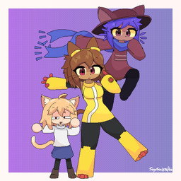 :3 anthro big_eyes biped black_nose black_outline blue_bottomwear blue_clothing blue_hair blue_skirt blush bob_cut boots bottomwear breasts brown_body brown_boots brown_clothing brown_footwear brown_hair brown_tail cat_smile clothed clothing eyelashes eyewear eyewear_on_head female flowing_clothing footwear fur goggles goggles_on_head group hair hat headgear headwear looking_at_viewer midair narrowed_eyes open_mouth open_smile outline robe scarf shoes sidelocks simple_background size_difference skirt smile standing sweater tail toony topwear trio whiskers white_background white_clothing white_sweater white_topwear soysauceha gameoverse glitch_productions oneshot tsukihime type-moon kit_bodega neco-arc niko_(oneshot) animal_humanoid cat_humanoid domestic_cat felid felid_humanoid feline feline_humanoid felis humanoid mammal mammal_humanoid 1:1 absurd_res crossover digital_drawing_(artwork) digital_media_(artwork) hi_res pixel_(artwork) signature