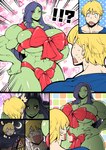 abs big_breasts blonde_hair blue_eyes blue_hair breasts clothed clothing comic duo female green_body green_skin hair human humanoid humanoid_pointy_ears kyabosean male male/female mammal muscular muscular_female open_mouth orc pointy_ears red_eyes ribbons size_difference skimpy surprise surprised_expression