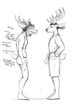 anthro antlers bad_posture barefoot bulge clothed clothing dialogue duo feet horn male robe tail tail_motion tailwag text underwear underwear_only hladilnik deer_admiral_(hladilnik) marylin_(hladilnik) deer mammal 2025 black_and_white english_text hi_res monochrome sketch