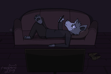 anthro clothed clothing controller crossed_legs dark electronics feet fully_clothed fur furniture game_controller half-closed_eyes holding_object holding_phone inside male narrowed_eyes night on_sofa pawpads paws phone sofa solo tired toes toony neopero canid canine canis mammal wolf 2019 dark_theme digital_media_(artwork) hi_res