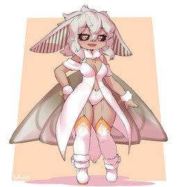 anthro black_sclera blush blush_lines breasts brown_eyes cleavage clothed clothing female grey_hair hair heart_eyes heart_symbol looking_at_viewer medium_breasts navel open_mouth smile solo standing text thick_thighs wide_hips wings borvar flume_muffle arthropod insect lepidopteran moth 2023 hi_res signature