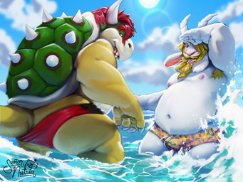 anthro armpit_hair beard blonde_hair body_hair clothing duo facial_hair hair horn looking_at_viewer male mustache navel nipples open_mouth partly_cloudy pink_nipples red_clothing red_hair red_speedo red_swimwear speedo swimwear water senor_nutria mario_bros nintendo undertale_(series) asgore_dreemurr bowser boss_monster_(undertale) bovid caprine goat koopa mammal reptile scalie 4:3 hi_res watermark