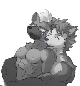 abs anthro areola blonde_hair blush brown_body brown_fur clothing duo eyes_closed eyewear fur glasses hair hug hugging_another hugging_from_behind looking_at_viewer male male/male muscular muscular_anthro muscular_male open_mouth tail teeth sakuhuu lifewonders live_a_hero dog_operator protagonist_(live_a_hero) roiker canid canine canis domestic_dog hyena mammal spotted_hyena 2025