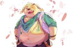 anthro belly belt clothed clothing eyes_closed fur jacket male navel navel_tattoo open_clothing open_jacket open_topwear overweight overweight_male petals scarf smile solo topwear yellow_body yellow_fur tengzai05 lifewonders tokyo_afterschool_summoners cu_sith_(tas) bird_dog canid canine canis domestic_dog golden_retriever hunting_dog mammal retriever hi_res