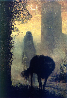 ambiguous_gender black_body black_fur blind building cane clothing creepy disability duo eclipse feral fire fur moon nightmare_fuel outside sky surrealism zdzislaw_beksinski canid canine canis humanoid mammal monster unknown_species wolf painting_(artwork) traditional_media_(artwork)