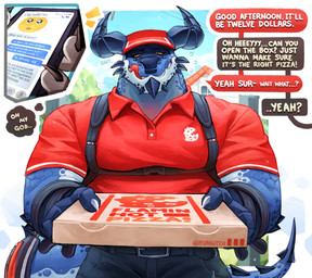 2_horns anthro belt blue_body blue_scales blue_spikes bottomwear box cellphone cheek_spikes chin_spikes claws clothed clothing color_coded color_coded_speech_bubble company_logo container curved_horn delivery_(commerce) delivery_employee duo electronics facial_spikes front_view hat head_horn headgear headwear holding_box holding_container holding_object holding_pizza_box horn licking licking_lips male pants phone pizza_box profanity red_clothing red_shirt red_topwear scales shirt smartphone speech_bubble spiked_tail spikes spikes_(anatomy) straps tail text texting tongue tongue_out topwear uniform wrist_strap yellow_eyes fungiteh mythology dragon mythological_creature mythological_scalie scalie 2026 absurd_res digital_media_(artwork) english_text hi_res url