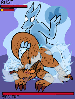 anthro blush bodily_fluids competition cum cum_inside duo gameplay_mechanics genital_fluids gui health_bar male open_mouth penetration sex sexual_competition sexual_fight trout_(artist) ghost kobold reptile scalie spirit 2017 hi_res