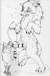 absurd_res anthro balls bodily_fluids canid canine canis cum domestic_dog dripping duo erection genital_fluids genitals hi_res knot ktq15-2 licking male mammal monochrome penis standing tongue tongue_out unknown_artist