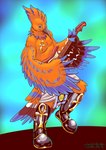 abstract_background ankh anthro beak blue_body blue_feathers boots bottomwear brown_body brown_feathers clothing egyptian egyptian_clothing electric_guitar feathered_wings feathers footwear guitar jewelry looking_up male musical_instrument necklace orange_body orange_feathers plucked_string_instrument shoes solo standing string_instrument white_body white_feathers wings yellow_eyes john_fell fender_jaguar fender_musical_instruments_corporation regdeh avian bird bucerotiform hoopoe 2020 digital_media_(artwork) signature