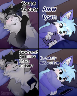 4_panel_comic anthro bed black_body black_fur black_sclera blue_body blue_fur blush cellphone cheek_tuft electronics facial_tuft fur furniture grey_body grey_fur holding_cellphone holding_object holding_phone lying male male_anthro on_back on_bed phone pillow smartphone text tuft white_body white_fur spraykitty canid canine fox mammal 2025 4:5 artist_name comic digital_drawing_(artwork) digital_media_(artwork) english_text hi_res meme