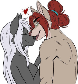 anthro brown_nose cheek_tuft duo eyebrows eyes_closed facial_tuft female female/female female_anthro fur green_eyes grey_body grey_fur hair hair_bun heart_symbol inner_ear_fluff licking_nose long_hair makeup monotone_body monotone_fur monotone_hair red_hair side_view thick_eyebrows tuft white_hair f4ephantomii canid canine canis fox mammal vulpkanin wolf half-length_portrait portrait