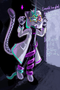 ambiguous_gender antennae_(anatomy) anthro arm_grab clothing coat duo eyewear fur glasses glowing glowing_eyes grey_body grey_fur hair lab_coat latex latex_clothing latex_skinsuit paws skinsuit sunglasses tentacles tight_clothing topwear white_hair mossky felid mammal pantherine snow_leopard 2:3 hi_res