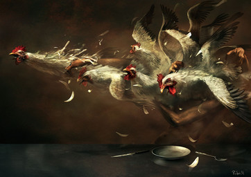 beak cutlery disembodied_hand feathers feral fork group kitchen_knife kitchen_utensils knife plate tools white_body white_feathers ryohei_hase avian bird chicken galliform phasianid 2006