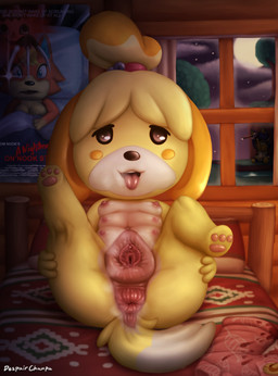 anatomically_inaccurate animal_genitalia animal_vulva anthro anus axe bed blood bodily_fluids breasts canine_genitalia canine_vulva clitoris death detailed_background female front_view fur furniture genitals gore legs_up looking_at_viewer melee_weapon multi_breast multi_nipple nipples nude on_bed plump_labia presenting presenting_vulva solo spread_legs spreading tongue tongue_out vulva weapon yellow_body yellow_fur despairchanpu animal_crossing nightmare_on_elm_street nintendo audie_(animal_crossing) isabelle_(animal_crossing) canid canine canis domestic_cat domestic_dog felid feline felis mammal shih_tzu toy_dog 2021 absurd_res full-length_portrait hi_res portrait