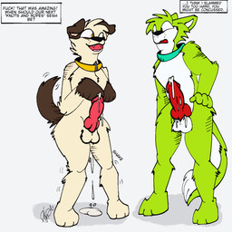 animal_genitalia anthro ball_tuft balls bodily_fluids cum cum_drip cum_in_ass cum_inside cum_on_penis dripping duo ejaculation excited_for_sex fur genital_fluids genitals knot knotted_penis male male/male multicolored_body multicolored_fur penis praise raised_tail satisfied sheath tail tail_motion tailwag text tuft piperis bagel_the_pup jaden_the_jackal beagle canid canine canis domestic_dog hunting_dog jackal mammal scent_hound 1:1 english_text hi_res